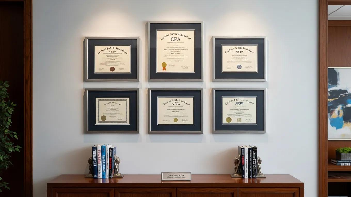 Framed CPA certificates and diplomas displayed on a wall in a professional office setting, symbolizing credentials and qualifications for a CPA firm.
