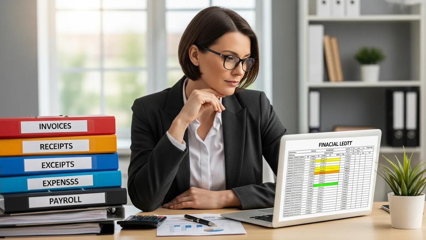 Professional woman analyzing financial data on laptop, surrounded by organized folders labeled "Invoices," "Receipts," "Exceipts," "Expenses," and "Payroll," emphasizing bookkeeping for growing businesses.