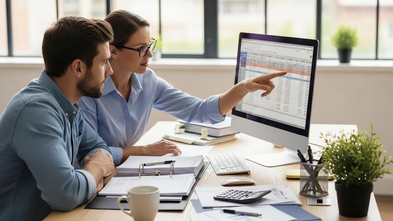 Professional tax preparer assisting client with financial documents and computer spreadsheet in modern office setting, emphasizing tax preparation services for individuals and small businesses.