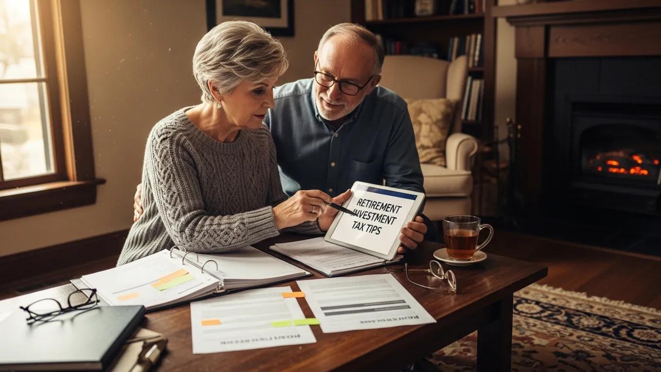 Older couple reviewing retirement investment tax tips in a cozy living room