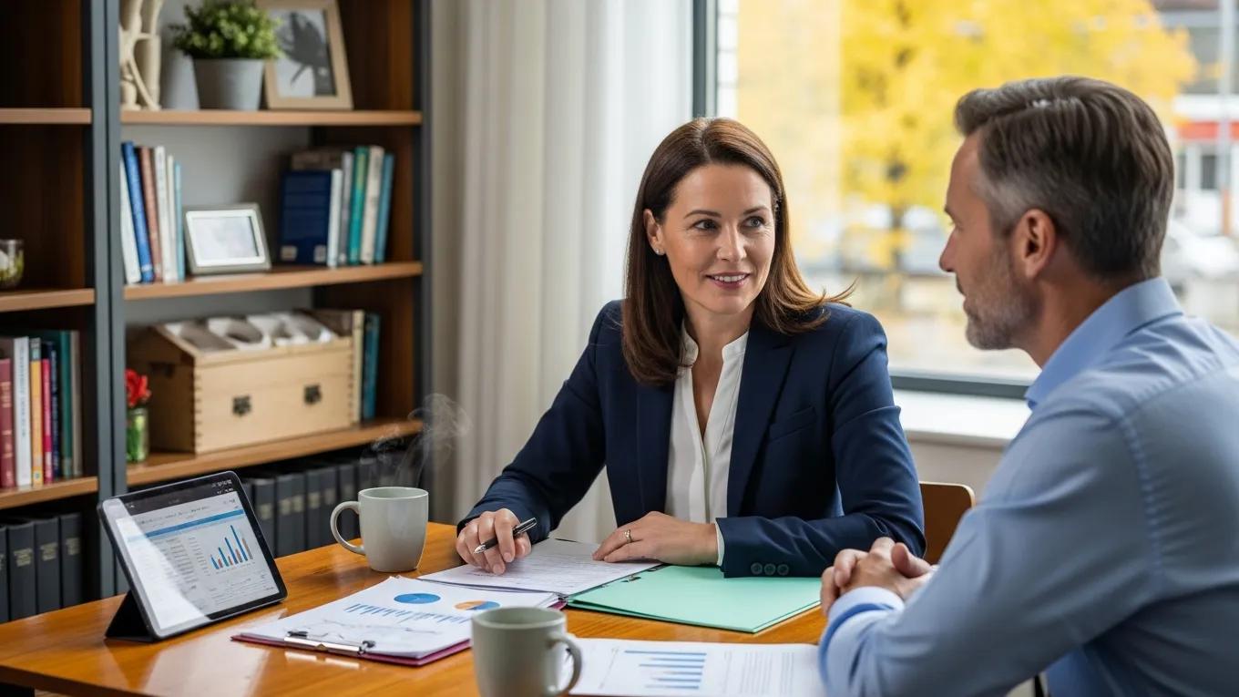 Professional woman discussing investment strategies with a man, financial documents and tablet displaying charts on table, emphasizing tax planning and optimization.