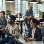 Diverse employees collaborating on cloud payroll software in a modern office