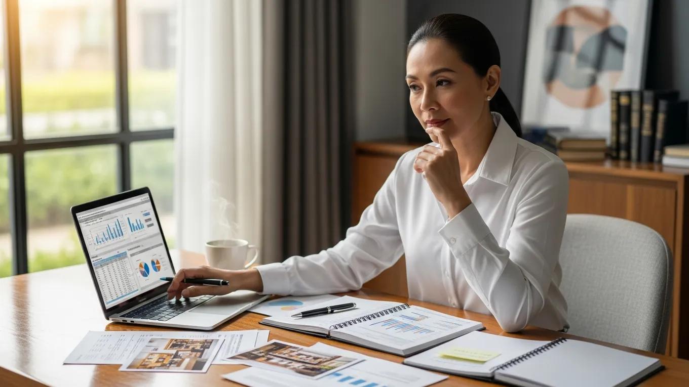 Businesswoman analyzing financial data on a laptop, surrounded by documents and charts, in a well-lit office setting, reflecting on accounting options for her business.