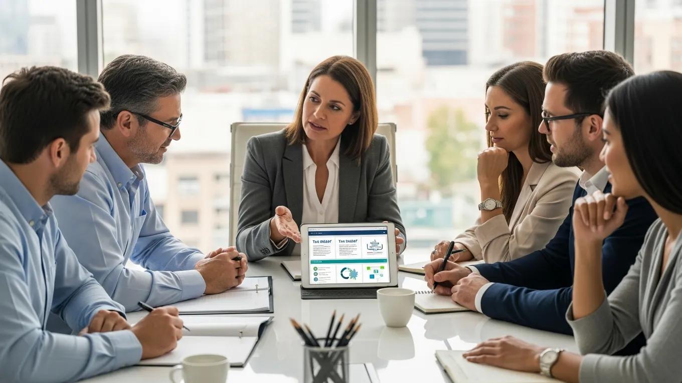 Business meeting with professionals discussing IRS audit assistance and tax relief options, featuring a woman presenting on a tablet displaying tax-related graphics.