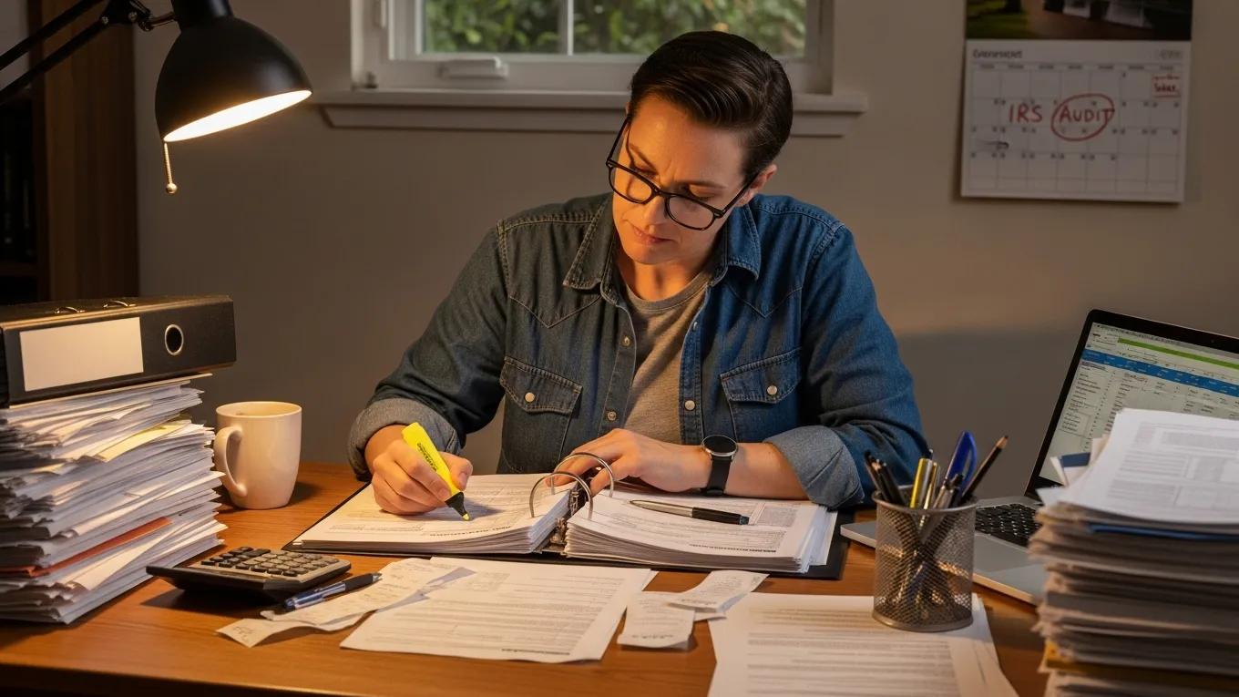 Individual organizing tax documents and preparing for an IRS audit