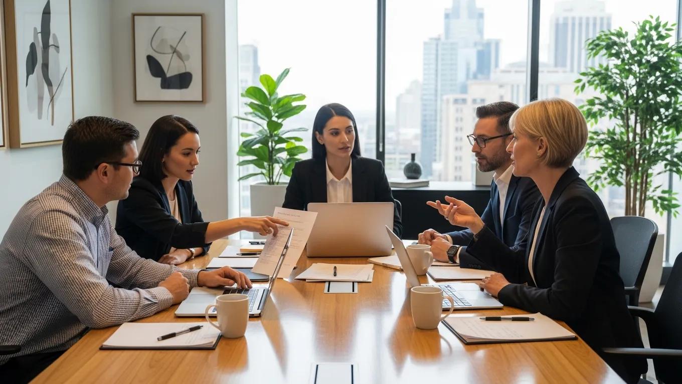 Group of professionals in a conference room discussing the formation and benefits of Professional Limited Liability Companies (PLLCs), with laptops, documents, and coffee cups on the table.