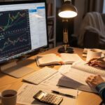 Cozy workspace with a person reviewing stock market data and tax documents