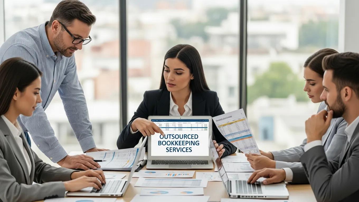 Business meeting discussing outsourced bookkeeping services, with a focus on financial clarity and management, featuring a laptop displaying "OUTSOURCED BOOKKEEPING SERVICES" and various financial documents on the table.