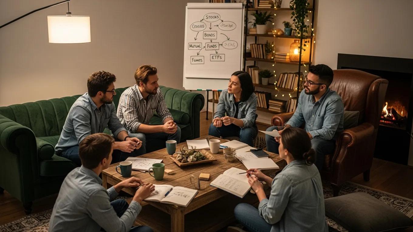 Group discussion on investment types in a cozy setting