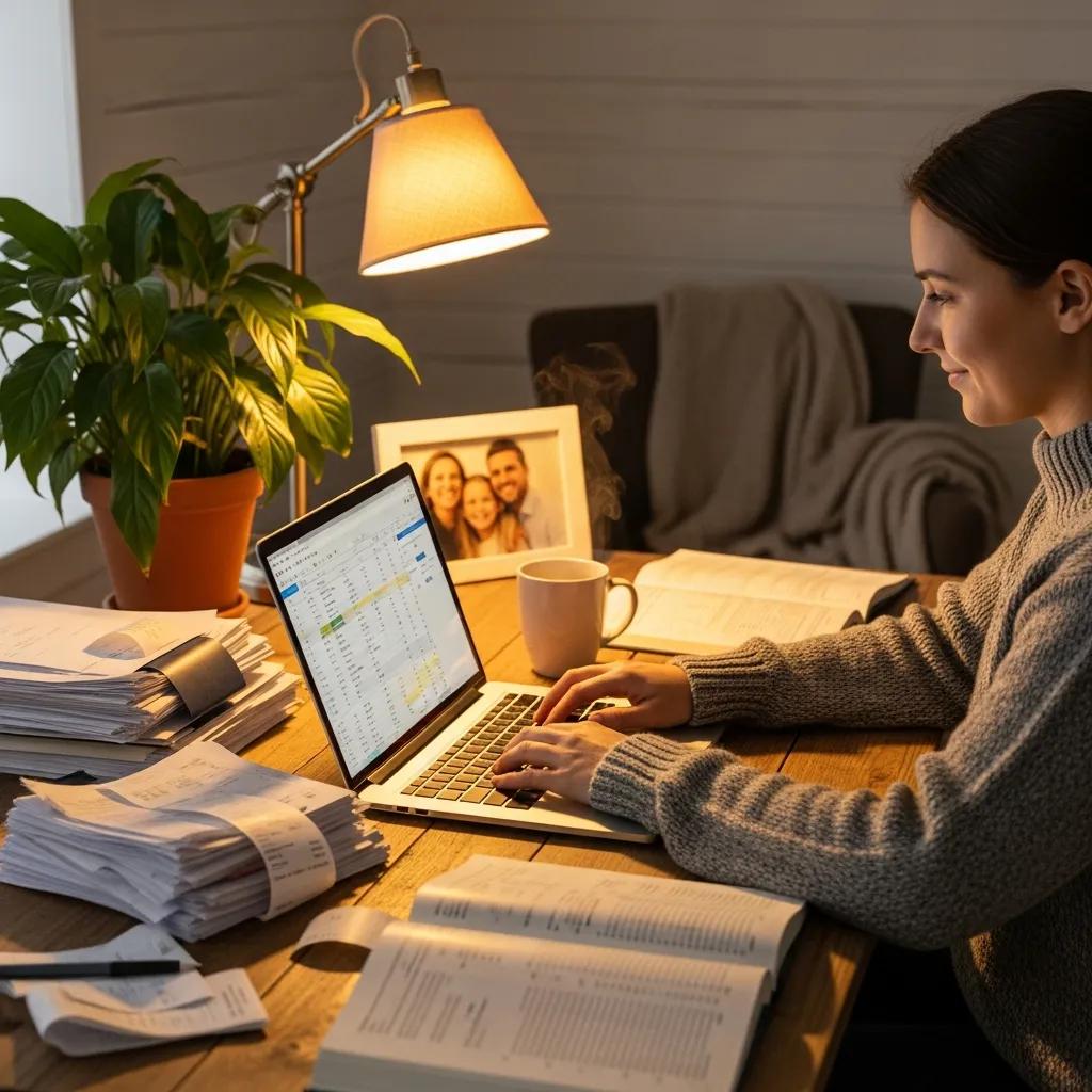Bookkeeper managing financial transactions in a cozy office environment