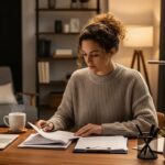 Business owner at a desk with tax documents and a laptop in a cozy office setting