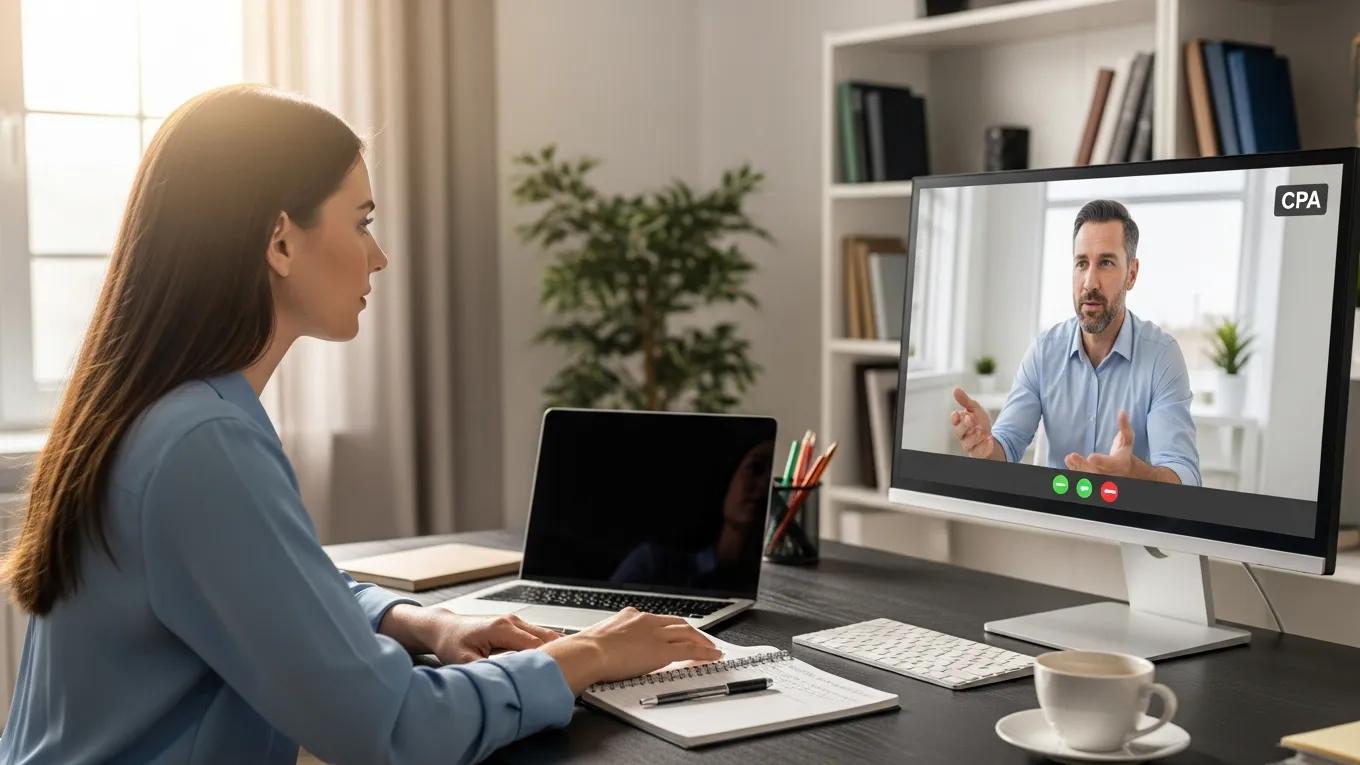Woman participating in a virtual meeting with a CPA, discussing financial management, with a laptop and notebook on the desk, in a well-lit home office setting.