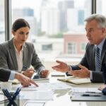 Team of CPAs consulting with a small business owner in a professional office setting