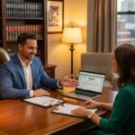 CPA professional consulting with a new client in a cozy office setting