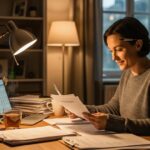 Cozy workspace with a person reviewing investment documents and tax returns