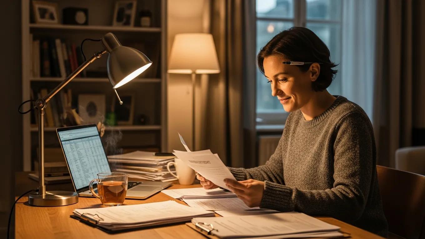 Woman reviewing investment documents at a desk with a laptop, coffee, and papers, emphasizing tax implications and financial planning.