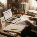 Cozy workspace with a person reviewing tax documents and financial strategies