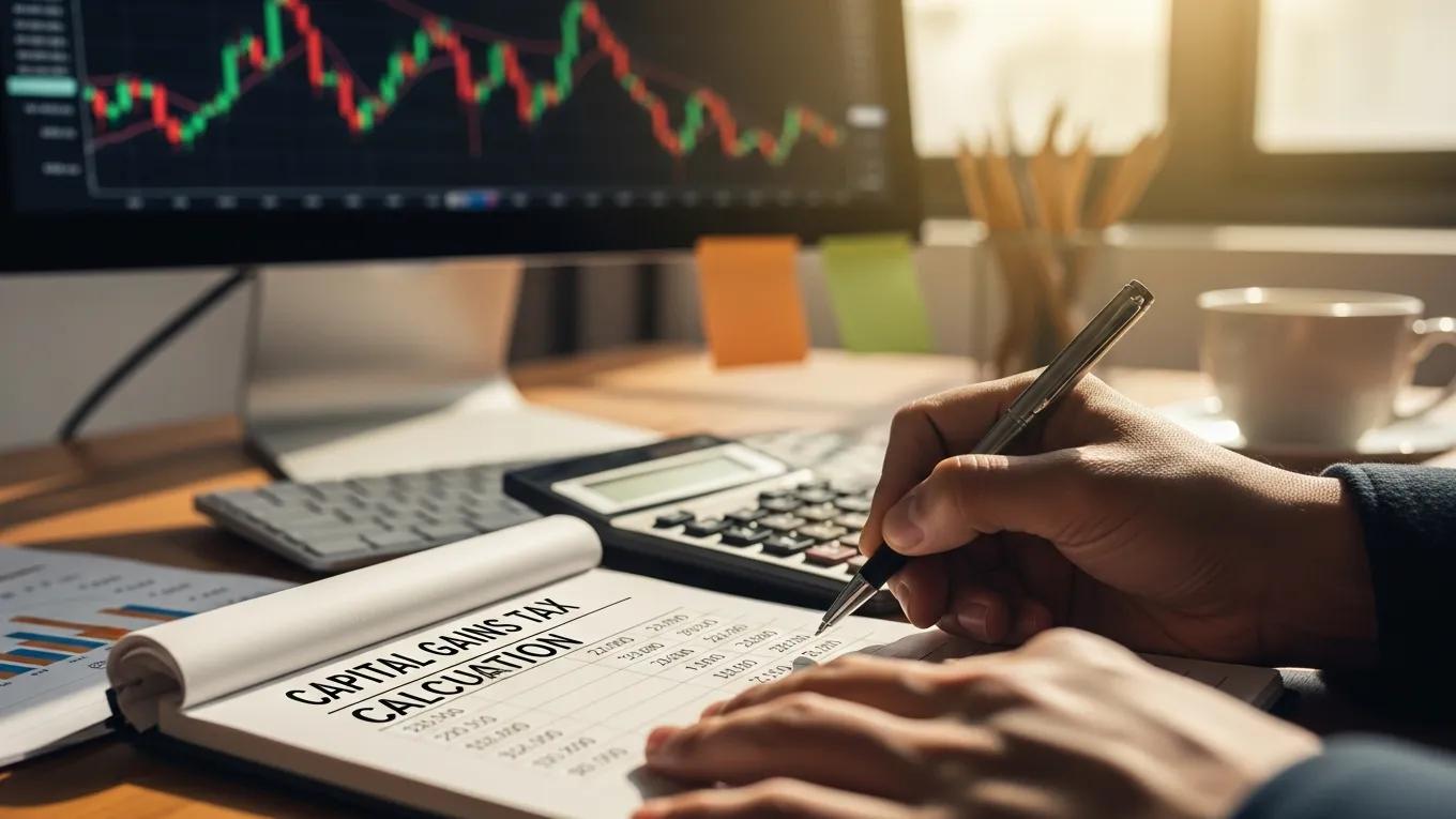 Close-up of hands calculating capital gains tax with a calculator and stock charts