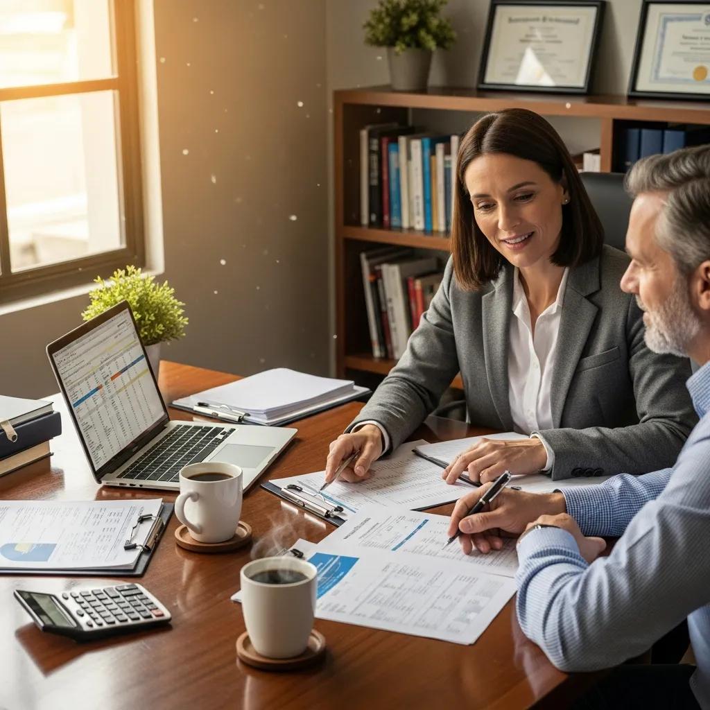CPA discussing financial services with a client in a cozy office