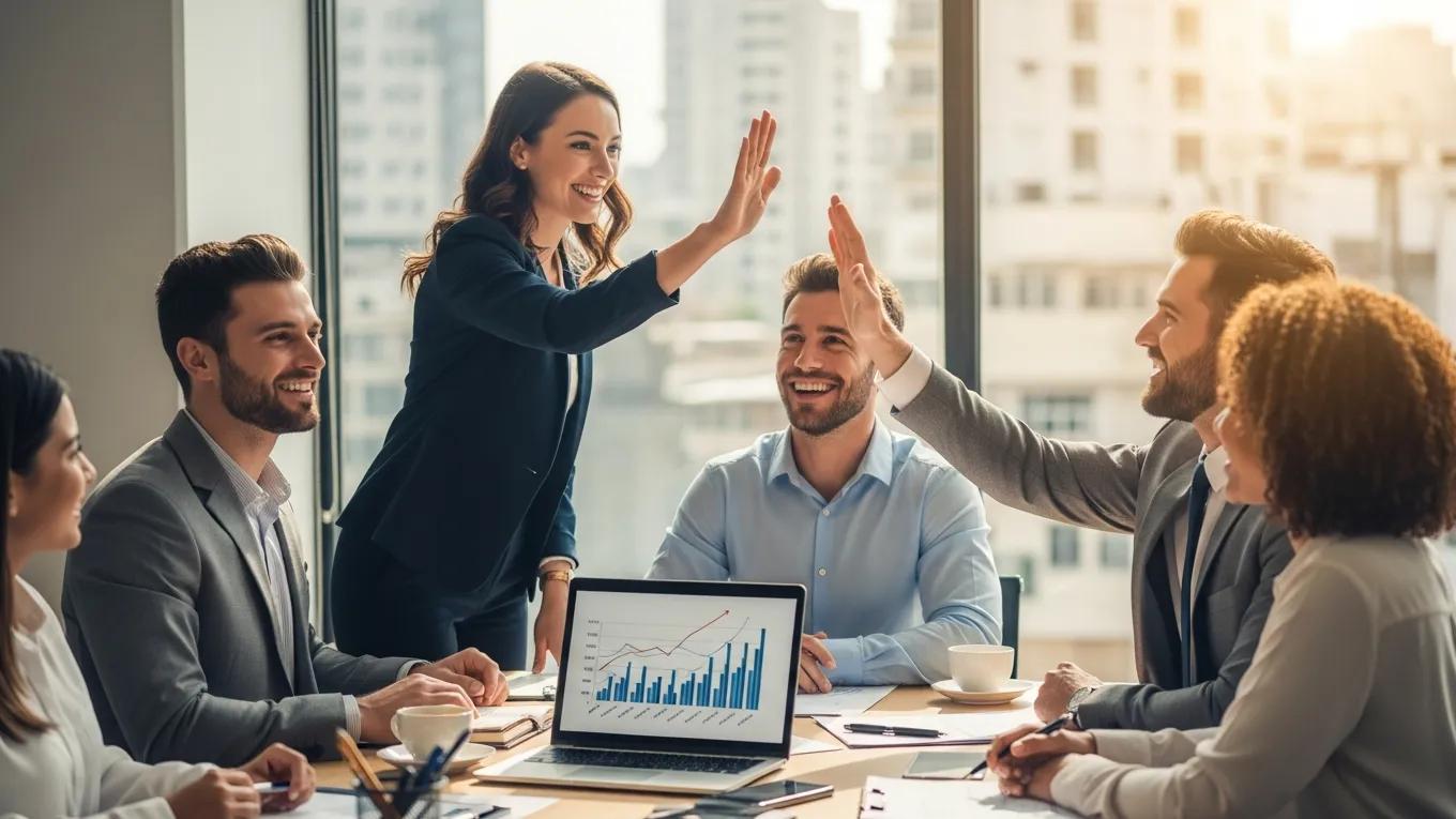 Business team celebrating success with high-fives, laptop displaying financial growth chart on table, modern office setting.