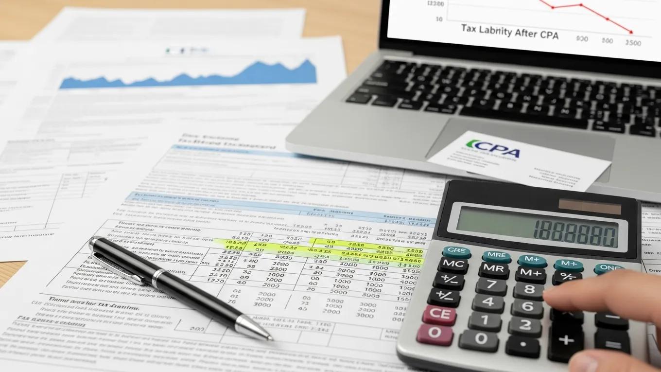 Close-up of tax documents and calculator illustrating potential tax savings through CPA engagement