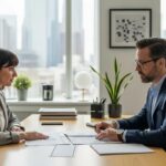 Small business owner consulting with a fractional CFO in a modern office setting