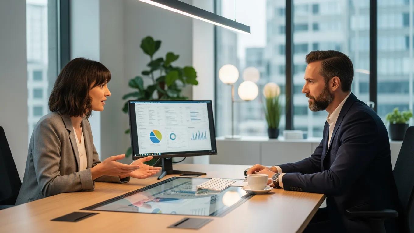 Business meeting between a woman and a man discussing financial data, with a computer screen displaying graphs and charts, emphasizing fractional CFO services for small businesses.