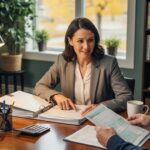 Professional tax preparer assisting a client with tax documents in a cozy office setting