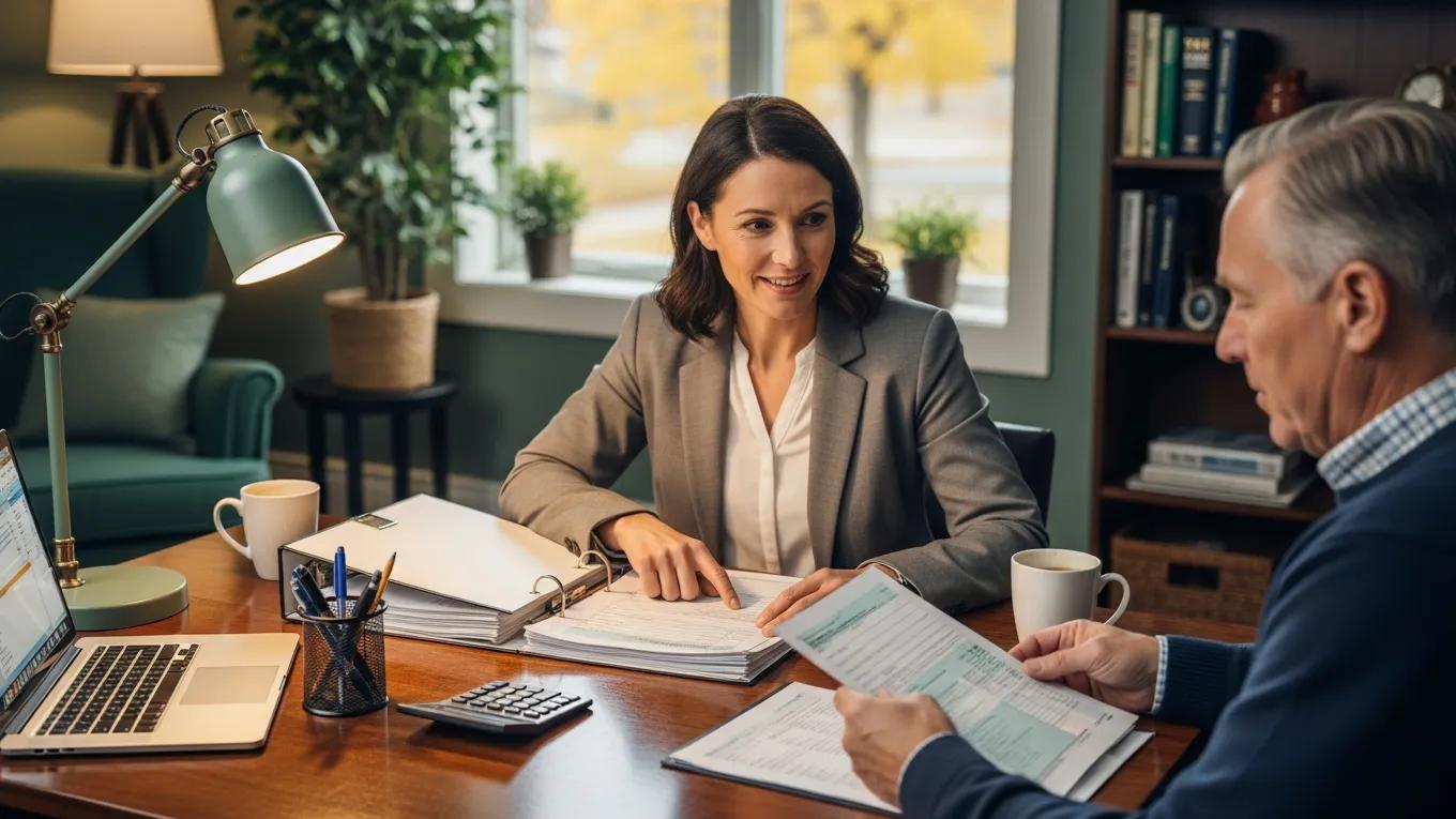 Professional tax preparer consulting with a client, discussing tax documents and financial planning in a cozy office setting with a laptop and paperwork.
