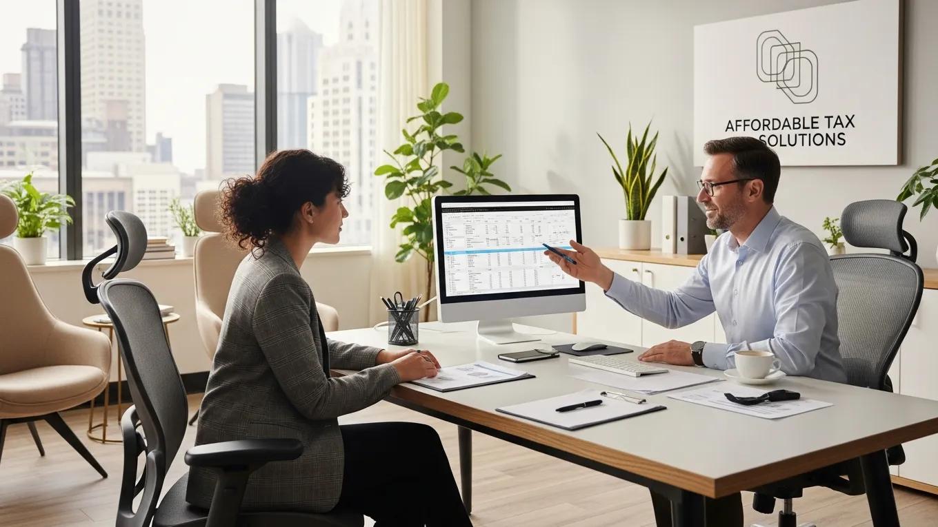 Professional tax preparer consulting with a client in a modern office, discussing financial records and tax strategies, with a focus on maximizing deductions and ensuring compliance.