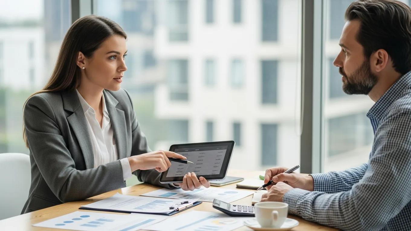 Business professionals discussing financial strategies, reviewing data on a tablet, with charts and a calculator on the table, in a modern office setting.
