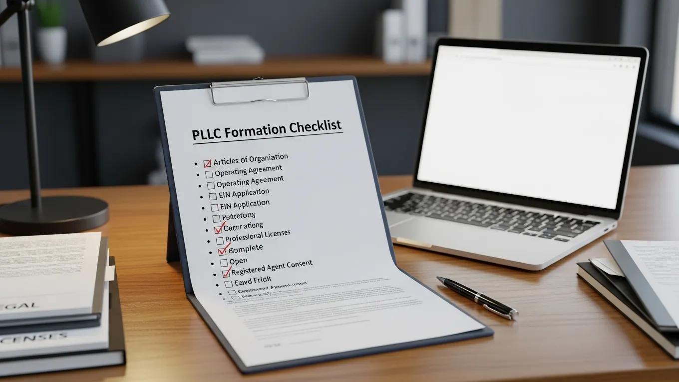 PLLC formation checklist on a clipboard with checked items, alongside a laptop and business documents, symbolizing the steps for licensed professionals to establish a Professional Limited Liability Company.
