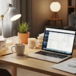 Cozy workspace with a laptop and tax documents, emphasizing a calm tax filing environment