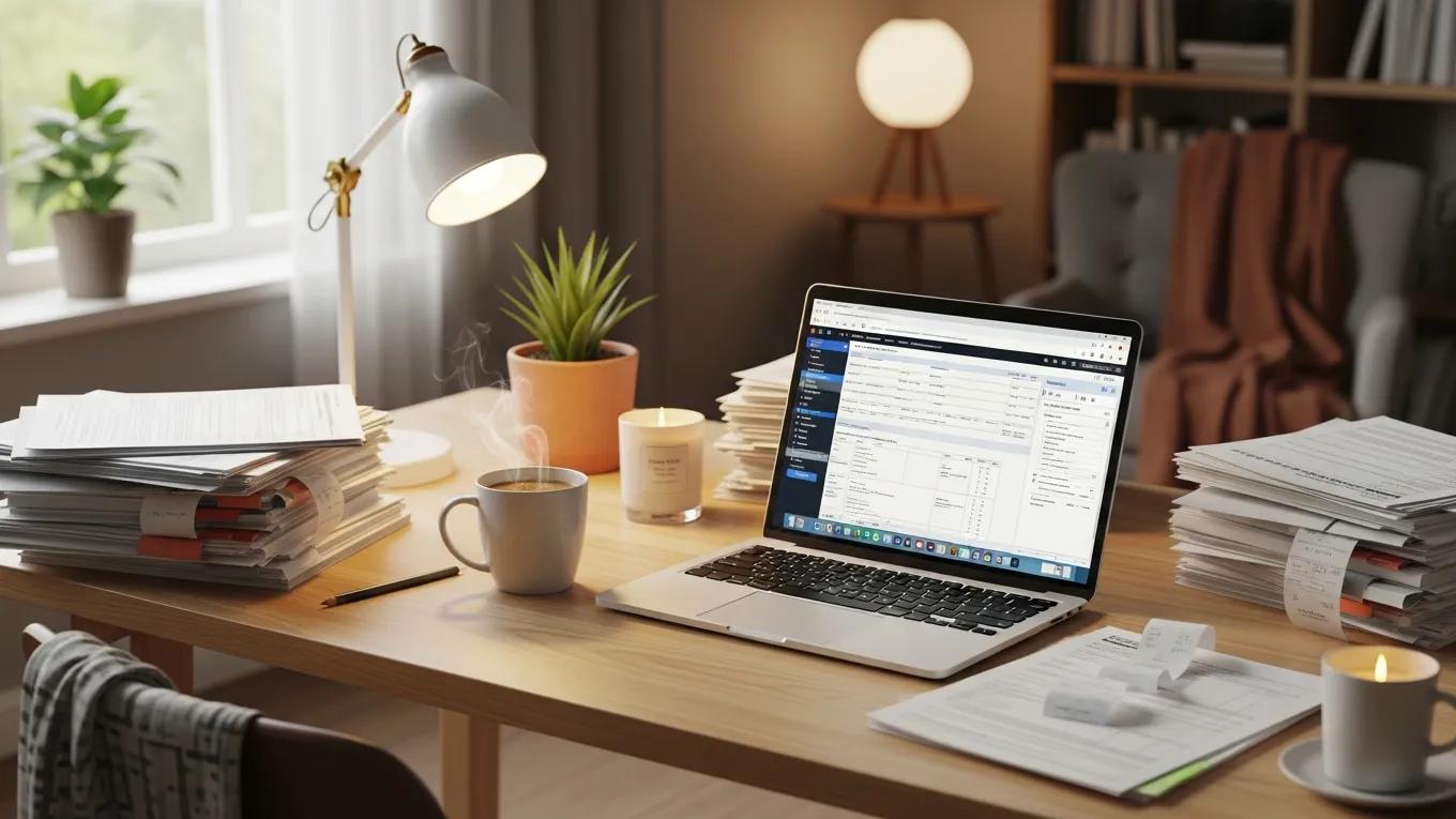 Home office desk with laptop displaying tax software, stacks of paperwork, coffee cup, and candle, symbolizing efficient state tax filing process.