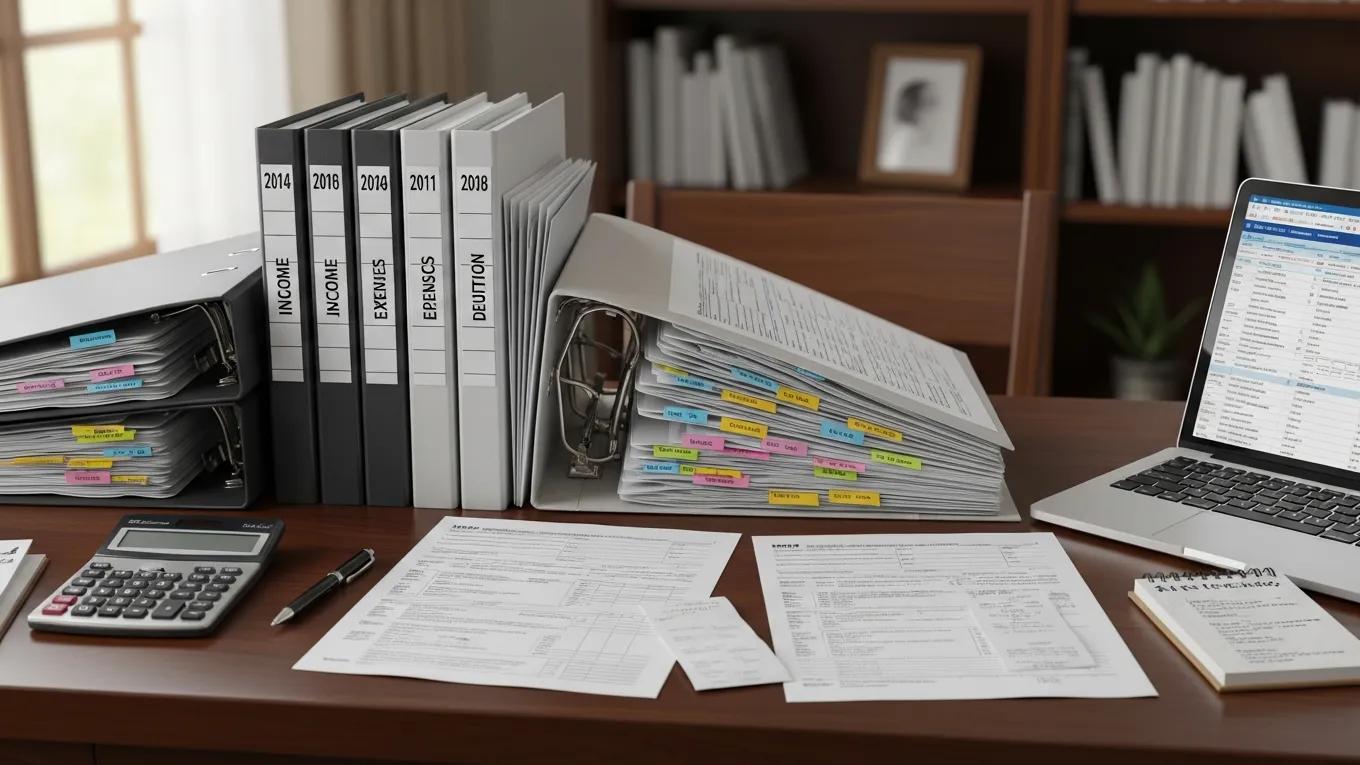 Organized tax documents and financial records for IRS audit preparation