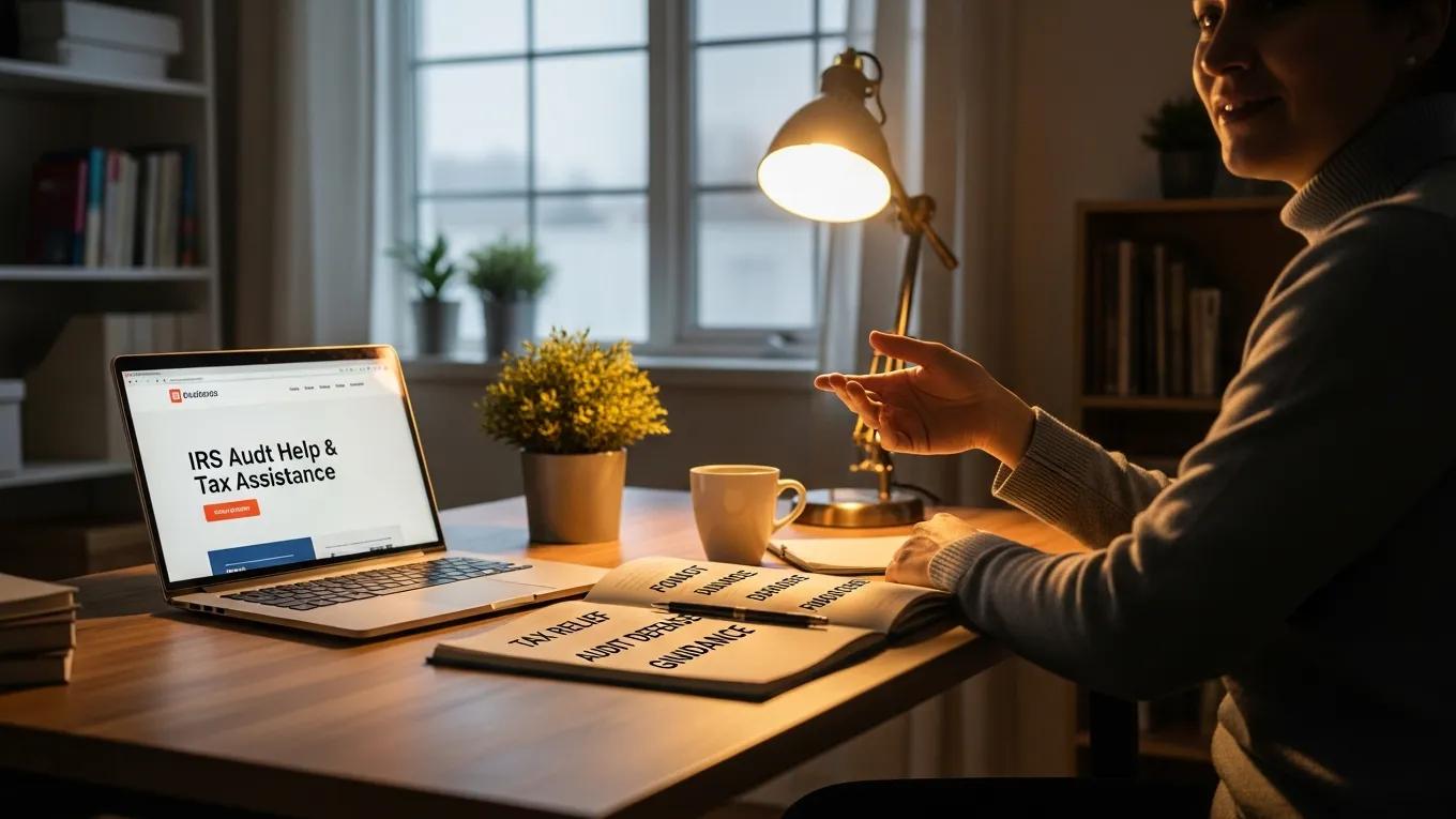 Person gesturing while discussing IRS audit help and tax assistance, with a laptop displaying "IRS Audit Help & Tax Assistance" and documents labeled "Tax Relief," "Audit Defense," and "Guidance" on the desk.