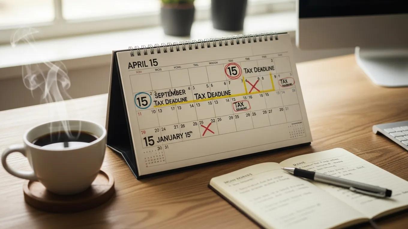 Calendar with marked tax deadlines on a desk with coffee and notepad