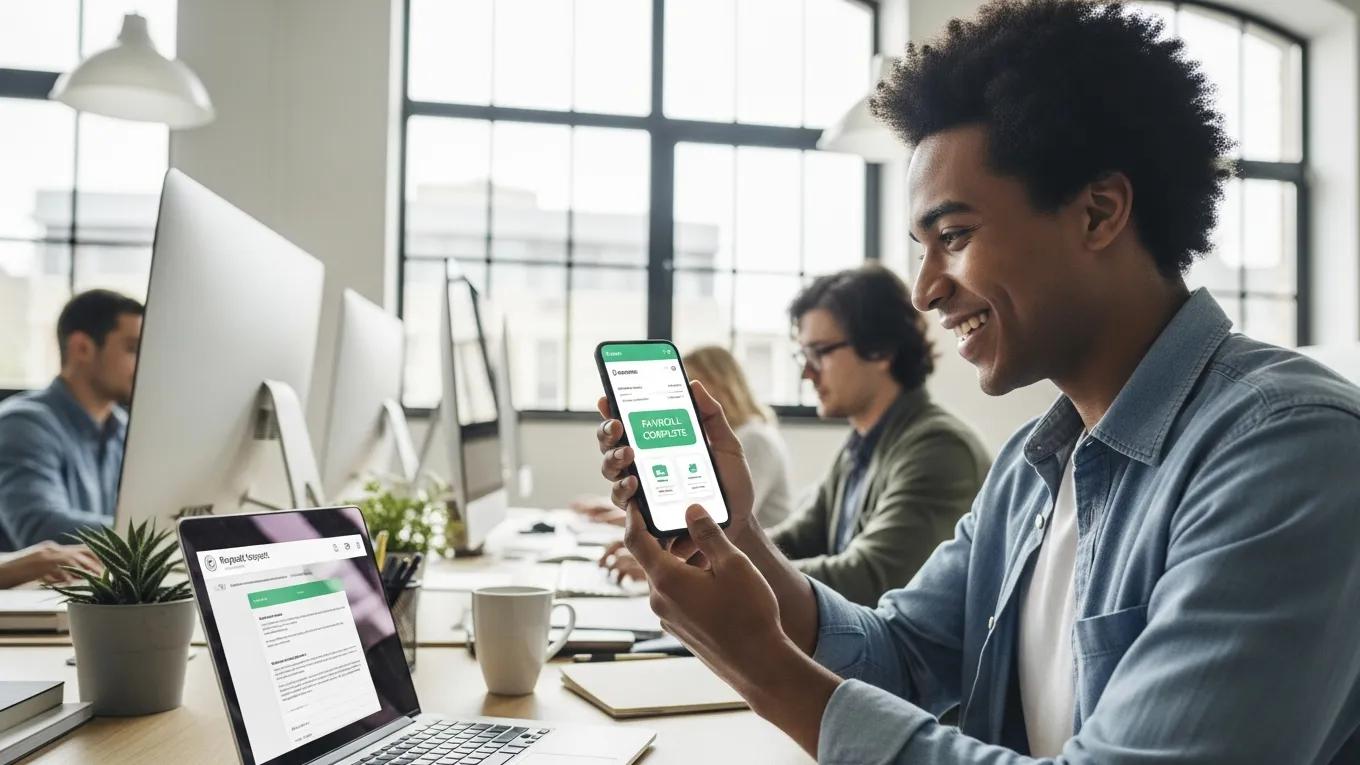 Happy employee accessing payroll information on a smartphone in a bright workspace