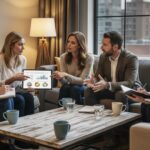 Group of diverse individuals discussing real estate investment strategies in a cozy setting