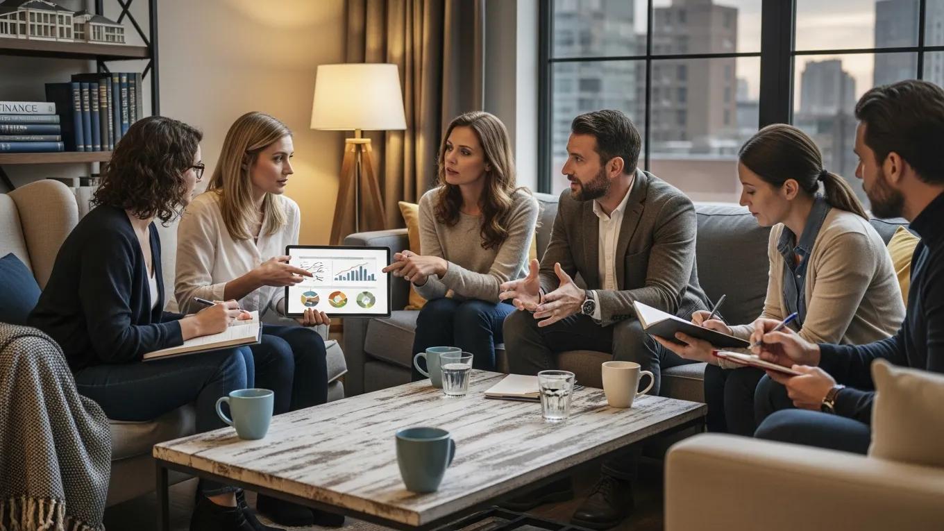 Group of professionals discussing real estate investment strategies and tax implications, analyzing charts and data on a tablet in a modern office setting