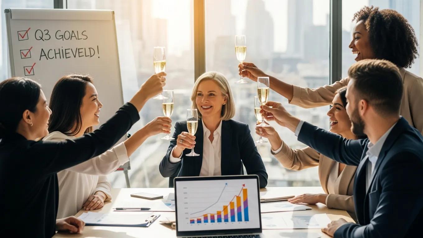 Group of professionals toasting with champagne glasses in celebration of achieving Q3 goals, with a laptop displaying a financial growth chart in the foreground.