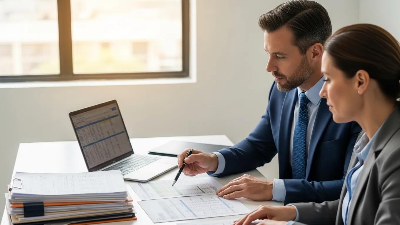 Professionals reviewing financial documents and data on a laptop during an IRS audit consultation.