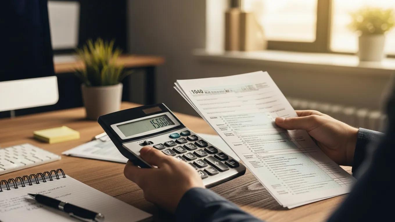 Hands calculating tax deductions with forms and a calculator