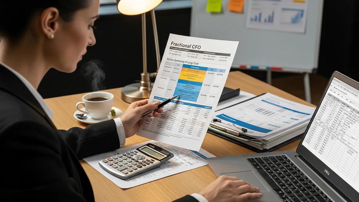 Businesswoman analyzing fractional CFO pricing models with financial documents, calculator, and laptop on desk, coffee cup nearby.