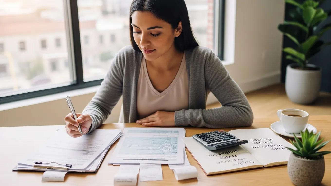 Small business owner analyzing tax deductions in a bright office setting