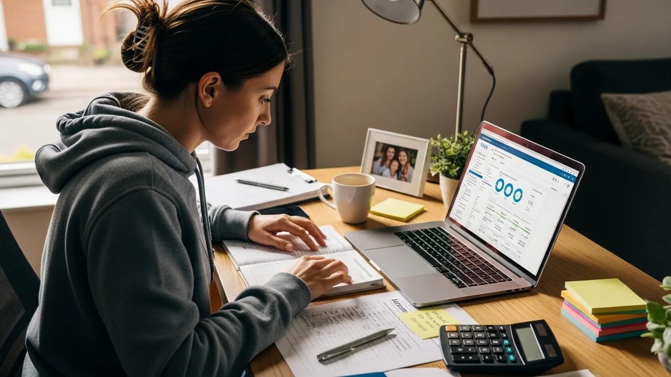 Small business owner engaged in DIY accounting at home office, analyzing financial data on laptop, surrounded by notebooks, calculator, and coffee cup, illustrating the benefits and challenges of managing finances independently.