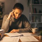 Small business owner overwhelmed with DIY bookkeeping at a cluttered desk