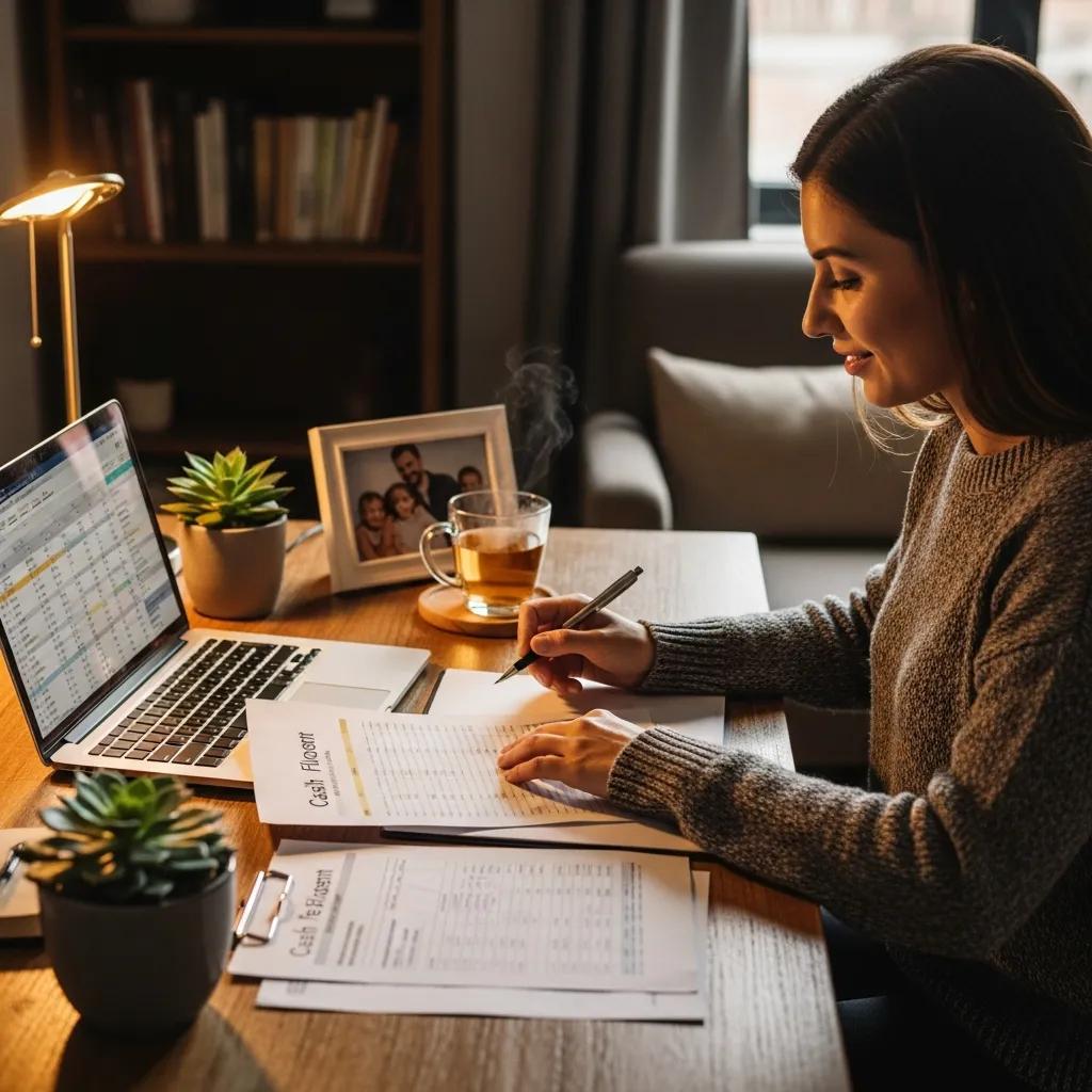 Woman reviewing cash flow statements at a cozy desk with a laptop, plants, and a cup of tea, illustrating effective cash flow management strategies for sustainable business budgeting.