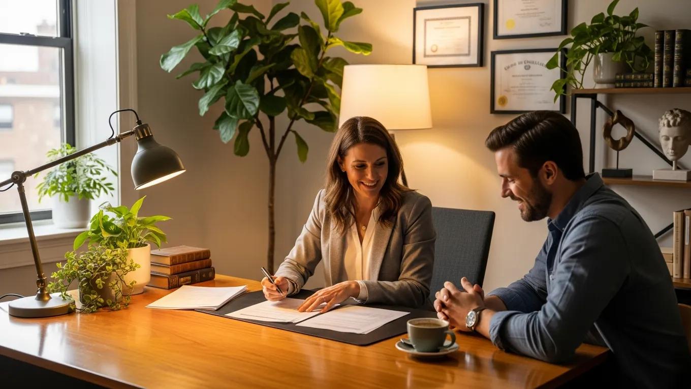 Tax consultant and client discussing IRS audit consultation services in a cozy office setting, with documents on the table and a cup of coffee, emphasizing professional guidance.