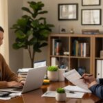 Tax consultant assisting a client with IRS audit documents in a cozy office